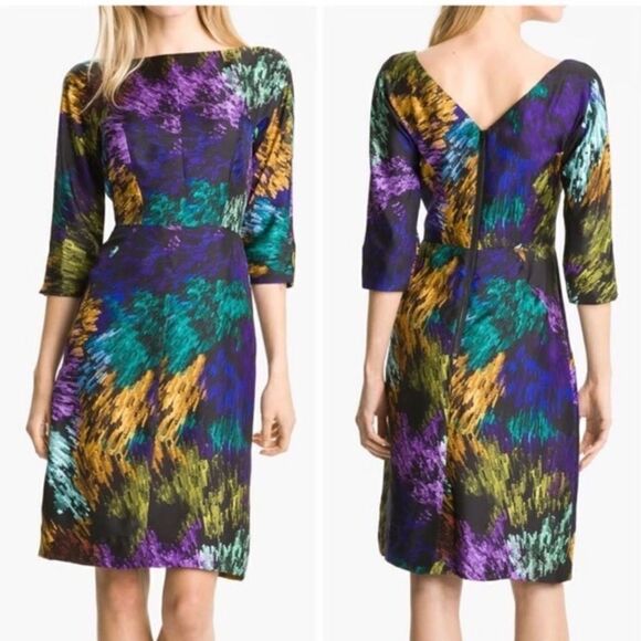 Milly NY Delaney Galaxy Print 3/4 Sleeve Silk Dress V-Back‎ Exposed Zip Sz 2 - Picture 1 of 12